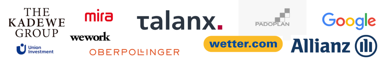 Logos verschiedener Unternehmen, darunter Google, Allianz und Twitter.